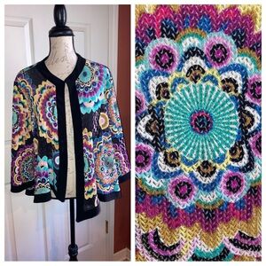 Joseph Ribkoff Volup Vibrant Mandala Open Weave Open Front Cardigan Jacket sz 20